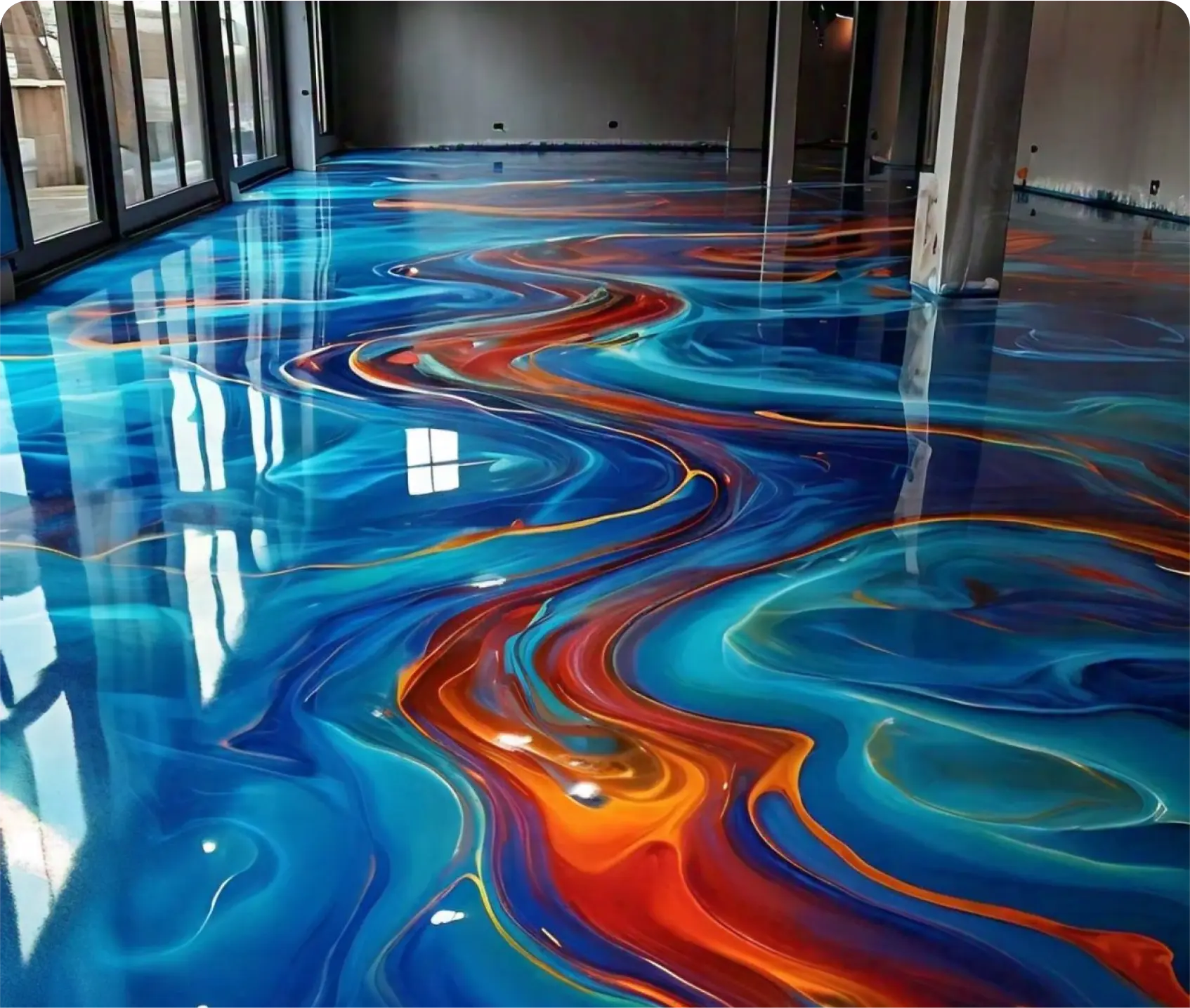 Metallic epoxy floor with a blue, orange and teal swirl pattern